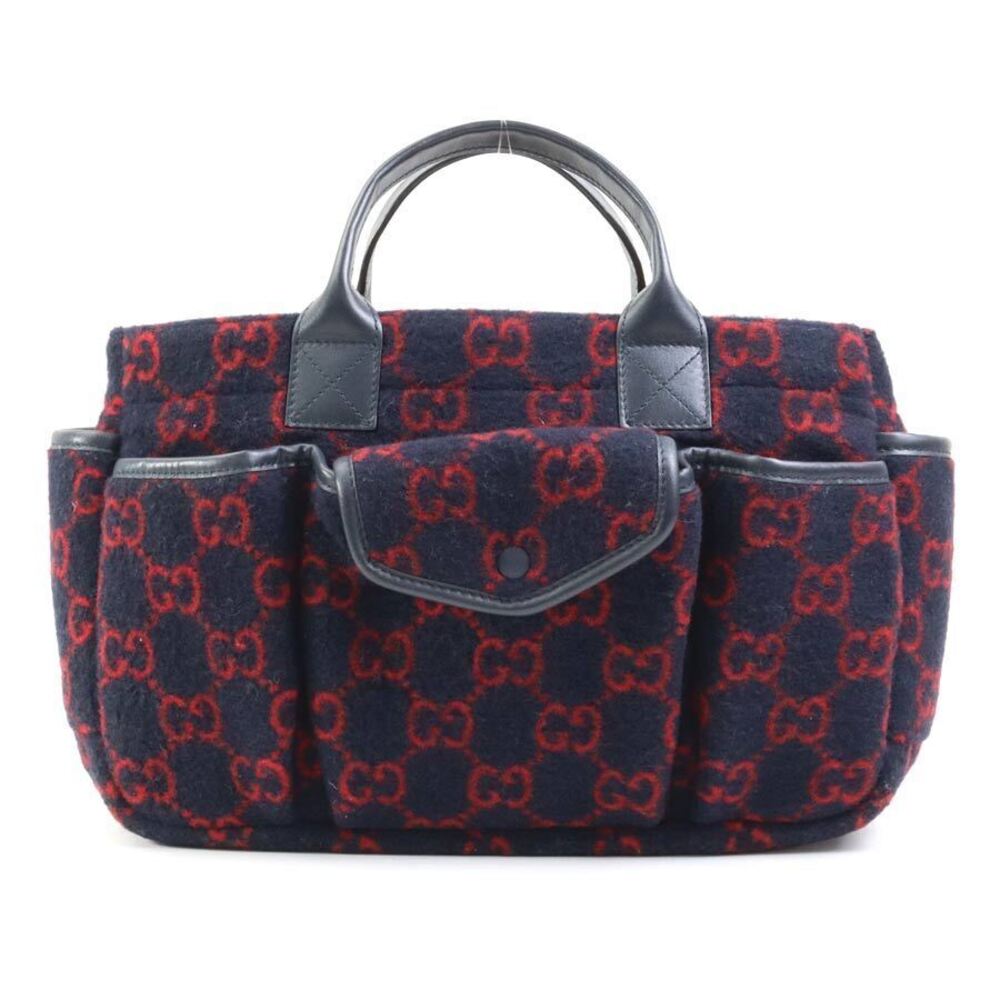 Gucci Top Handle Bag GG Wool Navy Blue Red